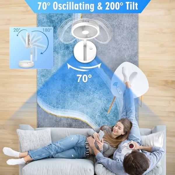 LIPETY Portable Foldable Rechargeable Oscillating Fan - 9" 7200mah Battery Operated USB C Small Fan Remote, Quiet Table Desk Fan Folding Standing Pedestal Fans for Bedroom Rome Off