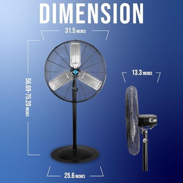Tornado Commercial Industrial 3 Aluminum Blade Stationary Pedestal Fan, 30 Inch, Oscillating, High Velocity 8850 CFM, UL Safety Listed, Black