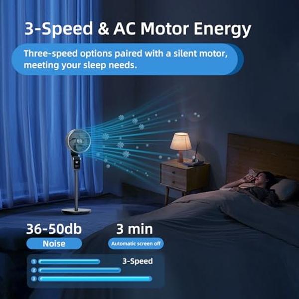 Floor Fan for Bedroom, Oscillating Fans with 12H Timer, 36-50db Floor Fans for Home Bedroom, Standing Fan Oscillating with 3 Speeds, Touch+Remote Control, 70°+90° Quiet Oscillating