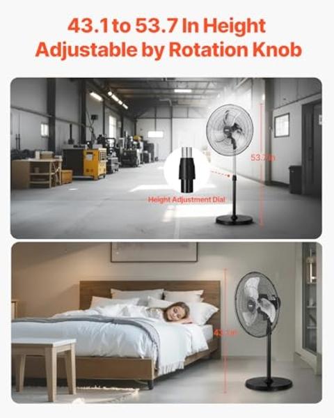 VEVOR Industrial Pedestal Fan, 18 Inch 90-Degree Oscillating Fan, Height Adjustable Standing Fans with 3 Adjustable Speeds, High Power Floor Fans for Bedroom, Living Room, Home, Of