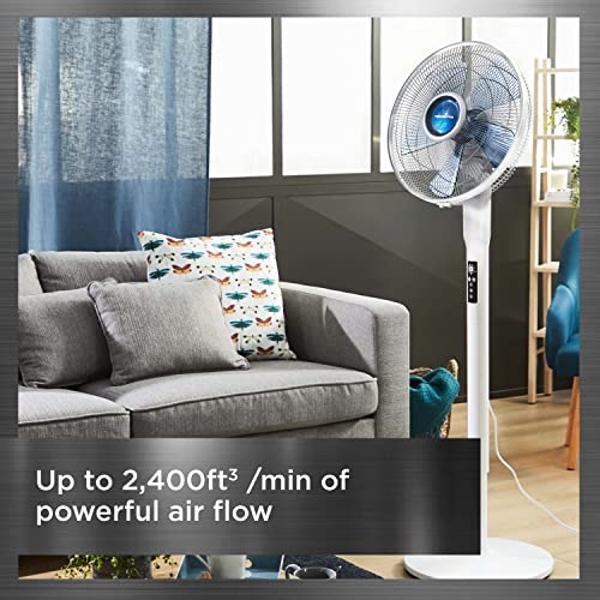 Rowenta, Pedestal Fan, Turbo Silence Standing Floor Fan with Remote, 53 Inches, Ultra Quiet Fan for Bedroom, Oscillating, Portable, 5 Speeds, Refresh Up to 23-Feet VU5870, White, I