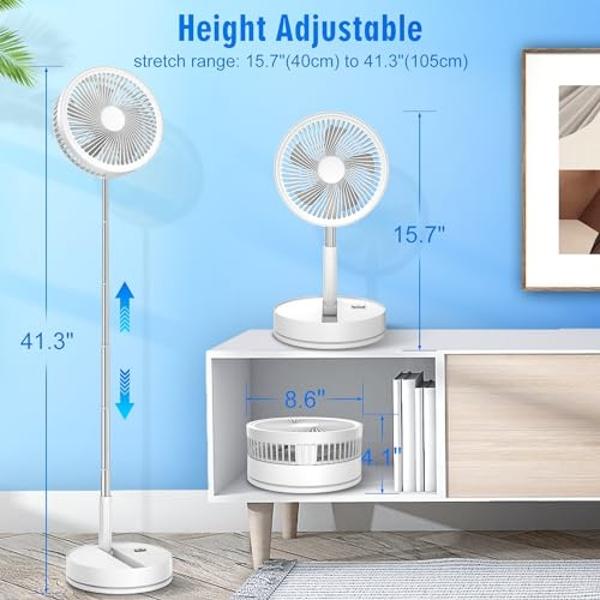 LIPETY Portable Foldable Rechargeable Oscillating Fan - 9" 7200mah Battery Operated USB C Small Fan Remote, Quiet Table Desk Fan Folding Standing Pedestal Fans for Bedroom Rome Off