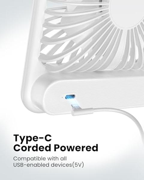 Koonie USB Desk Fan, Strong Wind Ultra Quiet Small Personal Fan with 180° Tilt Folding and 3 Speeds Adjustable, USB-C Corded Powered Mini USB Fan for Office Desktop Bedroom White, 