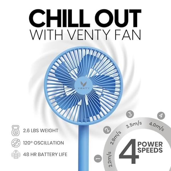 VENTY Portable Fan - Wireless Battery Operated Fan - 4 Speeds - LED Lighting - Carry Case & Remote Control - Cruise Travel - Outdoor Travel RV Power Bank With USB-C Port (Blue with
