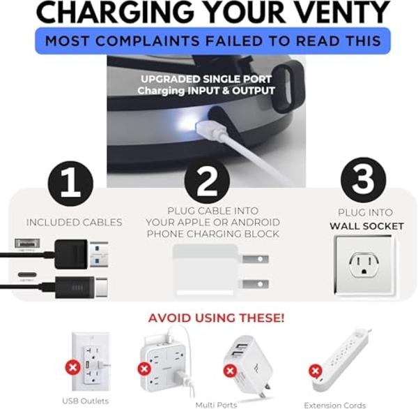 VENTY Portable Fan - Wireless Battery Operated Fan - 4 Speeds - LED Lighting - Carry Case & Remote Control - Cruise Travel - Outdoor Travel RV Power Bank With USB-C Port (Black wit