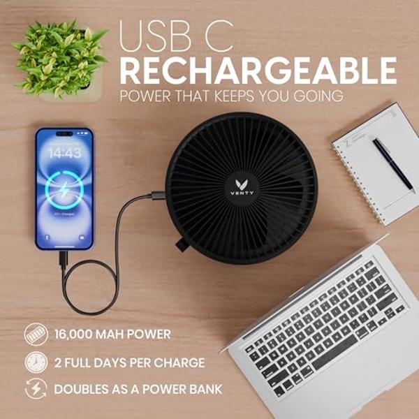VENTY Portable Fan - Wireless Battery Operated Fan - 4 Speeds - LED Lighting - Carry Case & Remote Control - Cruise Travel - Outdoor Travel RV Power Bank With USB-C Port (Black wit
