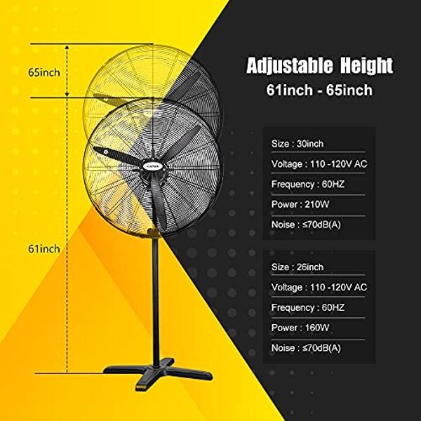 KAPAS Industrial Pedestal Fans, Commercial Oscillating Fan Made by Heavy Duty Metal Structure and Blade, Adjust Height, 3- Speed Control Suitable to Warehouse, Shop, Garage, and Wo