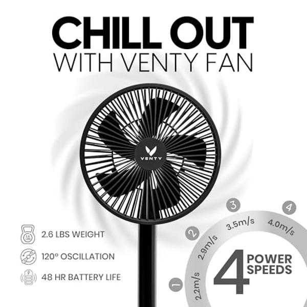 VENTY Portable Fan - Wireless Battery Operated Fan - 4 Speeds - LED Lighting - Carry Case & Remote Control - Cruise Travel - Outdoor Travel RV Power Bank With USB-C Port (Black wit