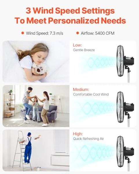 VEVOR Industrial Pedestal Fan, 18 Inch 90-Degree Oscillating Fan, Height Adjustable Standing Fans with 3 Adjustable Speeds, High Power Floor Fans for Bedroom, Living Room, Home, Of