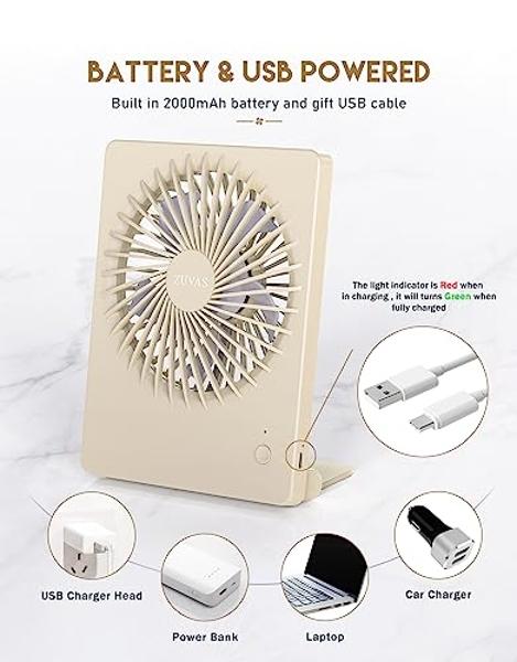 Zuvas Desk Fan Battery Operated Rechargeable 180°Tilt Folding Personal Ultra Quiet Small Portable Fan Beige