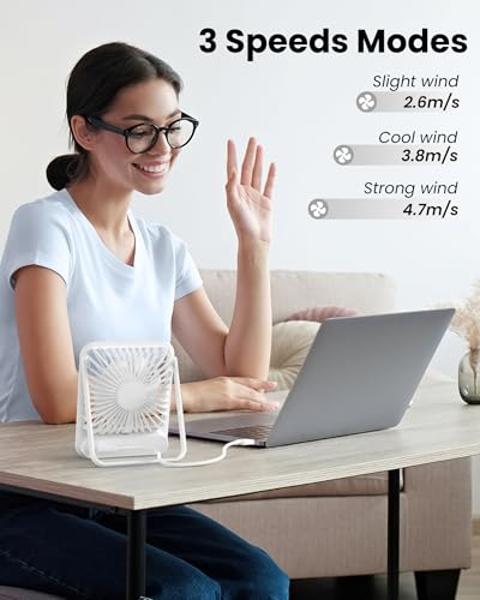 Koonie USB Desk Fan, Strong Wind Ultra Quiet Small Personal Fan with 180° Tilt Folding and 3 Speeds Adjustable, USB-C Corded Powered Mini USB Fan for Office Desktop Bedroom White, 