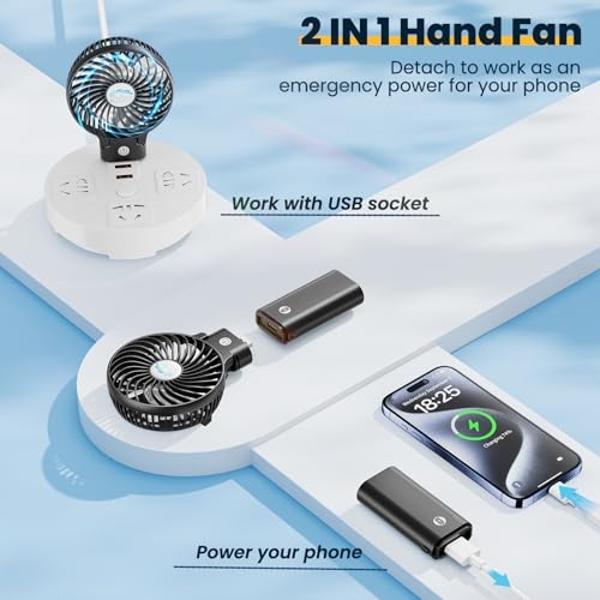 HandFan 5200mAh Portable Handheld Fan, Personal Hand Held Fan USB Rechargeable, 180° Foldable Portable & Detachable Handle Design,3 Speeds Strong Airflow Cooling for Travel/Outdoor