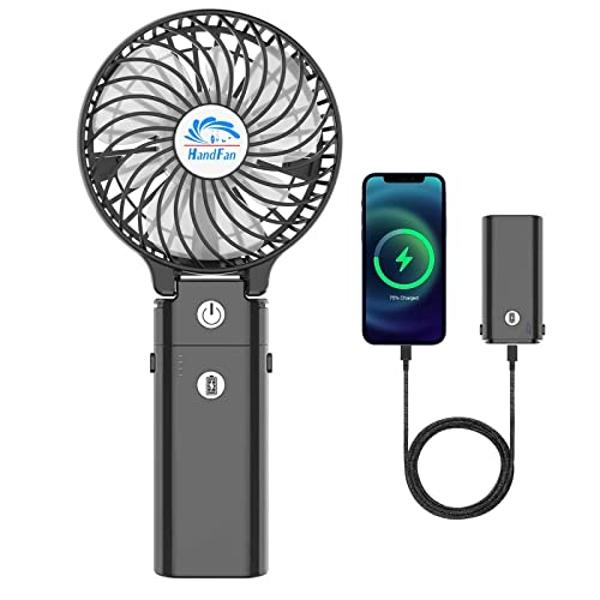 HandFan 5200mAh Portable Handheld Fan, Personal Hand Held Fan USB Rechargeable, 180° Foldable Portable & Detachable Handle Design,3 Speeds Strong Airflow Cooling for Travel/Outdoor