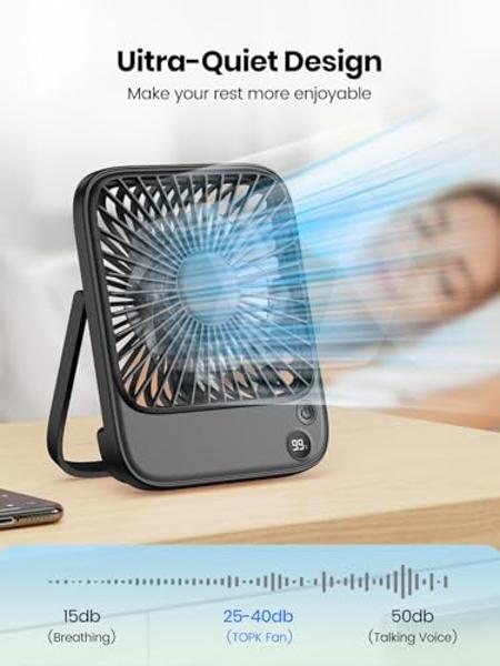 TOPK 2 Pack 5000mAh Portable Desk Fan, Ultra-thin Strong Wind Digital Display 4 Speeds Adjustable Small Quiet Battery Powered Personal Travel Fan for Bedroom,Office,Cruise,Library,