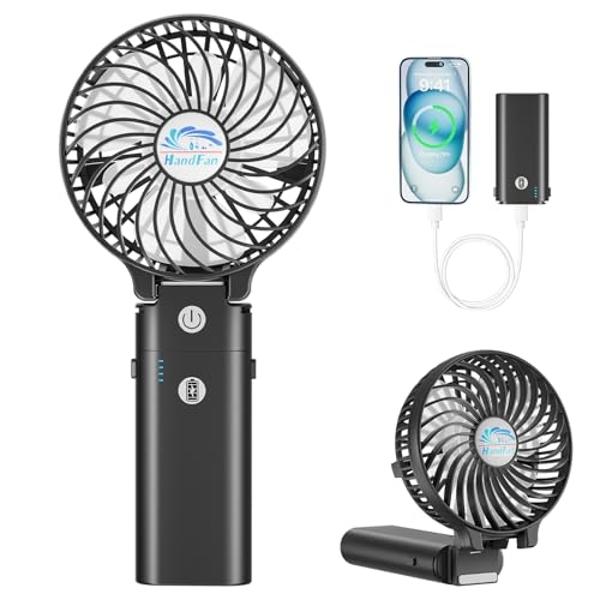 HandFan 5200mAh Portable Handheld Fan, Personal Hand Held Fan USB Rechargeable, 180° Foldable Portable & Detachable Handle Design,3 Speeds Strong Airflow Cooling for Travel/Outdoor