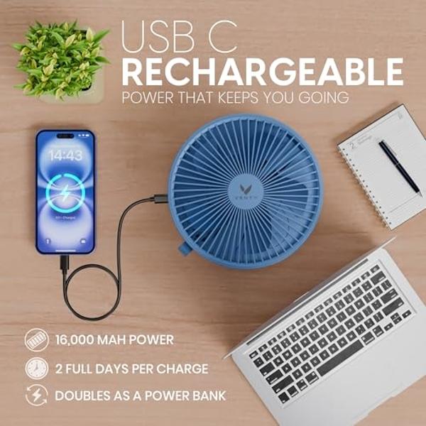 VENTY Portable Fan - Wireless Battery Operated Fan - 4 Speeds - LED Lighting - Carry Case & Remote Control - Cruise Travel - Outdoor Travel RV Power Bank With USB-C Port (Blue with