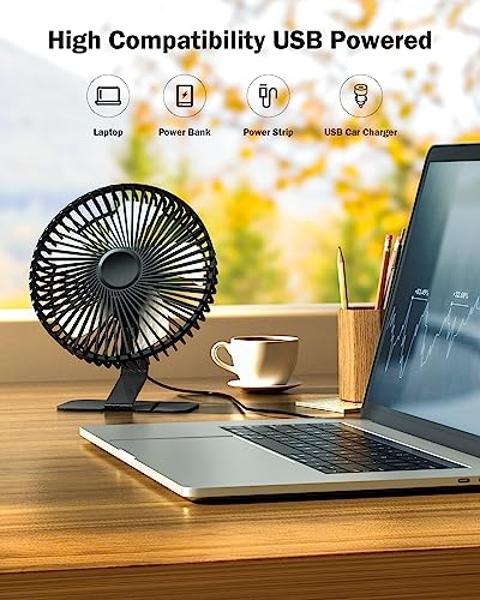 SLENPET 6 inch USB Desk Fan, 4 Speeds, Ultra-quiet, 90° Adjustment for Better Cooling, Portable Mini Powerful Desktop Table Fan, Small Personal Fan for Home Office, Metal Base, Bla