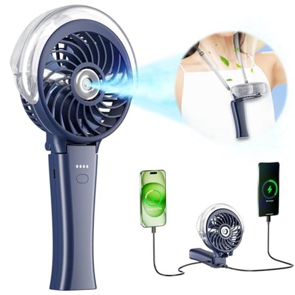 HandFan 4000mAh Misting Fan with Portable Charger, 50ml Water Tank, Rechargeable Handheld Personal Mister Fan, Spray Water Mist Fans, Foldable Electric Hand Fans for Beach Travel O