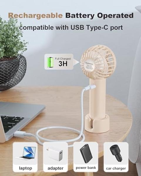 Coohea 2-Pack Pink & Beige Handheld Fan, Small Cute Design, 3 Powerful Speeds, Operated by USB/Rechargeable Battery, Personal Portable Fan with Base & Lanyard, for Eyelash Makeup T