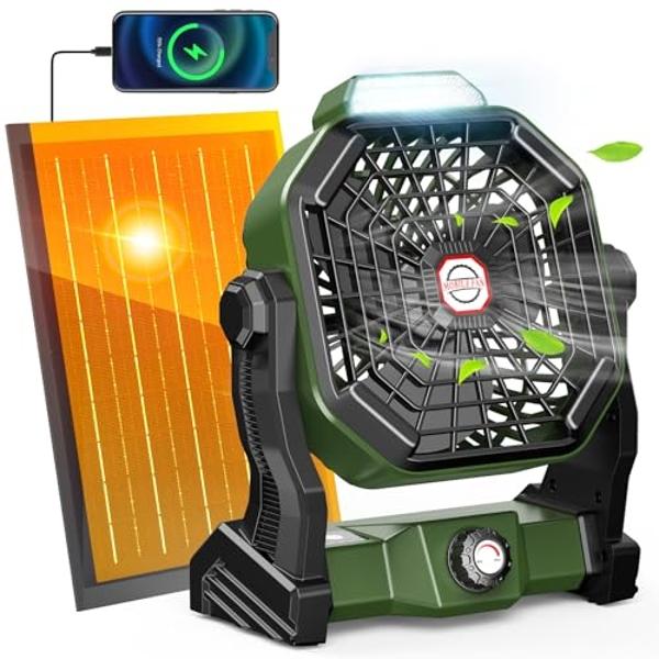 Drchop 10800mAh Solar Powered Fan, 7W Solar Camping Fans & Led Lantern, Rechargeable Outdoor Fan with Solar Panel, Battery Operated Powered Tent Fans for Camping Essentials Accesso