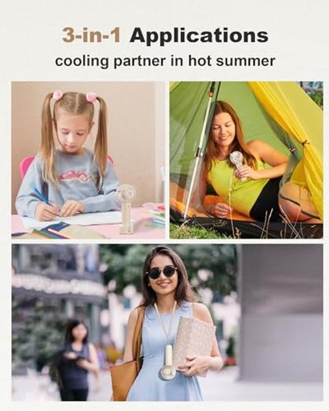 Coohea 2-Pack Pink & Beige Handheld Fan, Small Cute Design, 3 Powerful Speeds, Operated by USB/Rechargeable Battery, Personal Portable Fan with Base & Lanyard, for Eyelash Makeup T