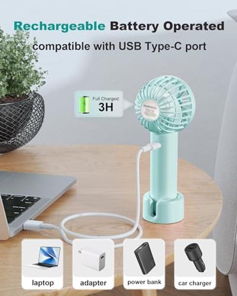 Coohea 2-Pack Pink & Blue Handheld Fan, Small Cute Design, 3 Powerful Speeds, Operated by USB/Rechargeable Battery, Personal Portable Fan with Base & Lanyard, for Eyelash Makeup Tr