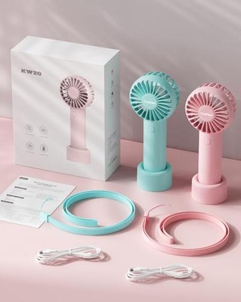 Coohea 2-Pack Pink & Blue Handheld Fan, Small Cute Design, 3 Powerful Speeds, Operated by USB/Rechargeable Battery, Personal Portable Fan with Base & Lanyard, for Eyelash Makeup Tr