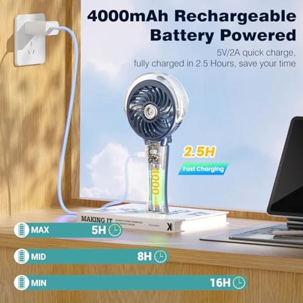 HandFan 4000mAh Misting Fan with Portable Charger, 50ml Water Tank, Rechargeable Handheld Personal Mister Fan, Spray Water Mist Fans, Foldable Electric Hand Fans for Beach Travel O