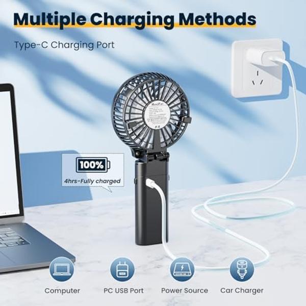 HandFan 5200mAh Portable Handheld Fan, Personal Hand Held Fan USB Rechargeable, 180° Foldable Portable & Detachable Handle Design,3 Speeds Strong Airflow Cooling for Travel/Outdoor