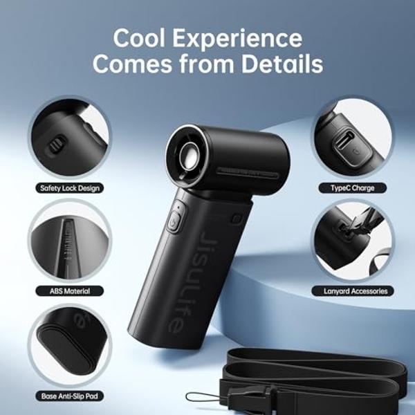 JISULIFE Portable Handheld Fan Life9, Turbo Power High Speed Air [18H Max Cooling Time], 5 Gear Wind, 5000mAh Rechargeable, Mini Pocket Design, Personal Fan for Travel Concerts Cru