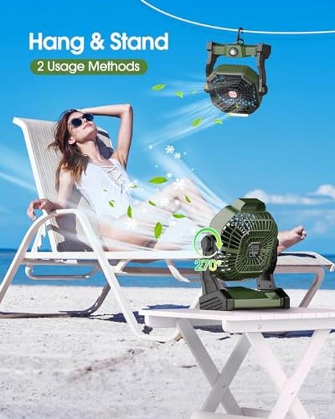 Drchop 10800mAh Solar Powered Fan, 7W Solar Camping Fans & Led Lantern, Rechargeable Outdoor Fan with Solar Panel, Battery Operated Powered Tent Fans for Camping Essentials Accesso