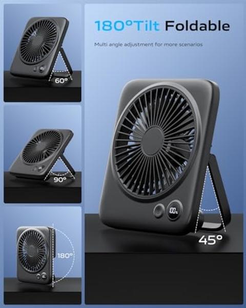 Otlonpe Small Desk Fan 6.5 Inch, 4000mAh Rechargeable Portable Fan for Travel, Slim Quiet, 7.5-22H Battery Operated, Power Bank, 4-Speed, 180° Folding, Personal Cooling for Indoor 