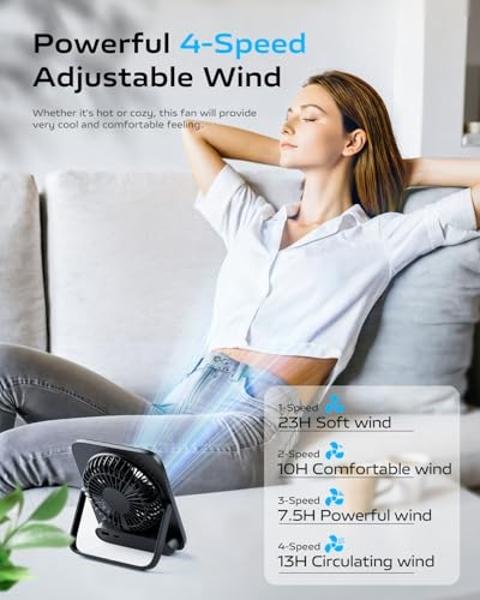 Otlonpe Small Desk Fan 6.5 Inch, 4000mAh Rechargeable Portable Fan for Travel, Slim Quiet, 7.5-22H Battery Operated, Power Bank, 4-Speed, 180° Folding, Personal Cooling for Indoor 