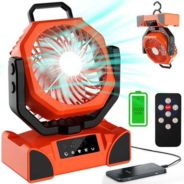 TOPPORTED 20000mAh Portable Camping Fan Rechargeable,Max 68 Hrs Runtime Battery Operated Tent Fans with LED Lantern,5 Wind Speeds,4 Timer Modes,Desk Fan for Travel,Power Outages (O