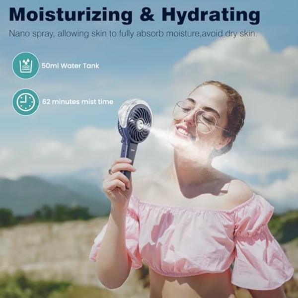HandFan 4000mAh Misting Fan with Portable Charger, 50ml Water Tank, Rechargeable Handheld Personal Mister Fan, Spray Water Mist Fans, Foldable Electric Hand Fans for Beach Travel O