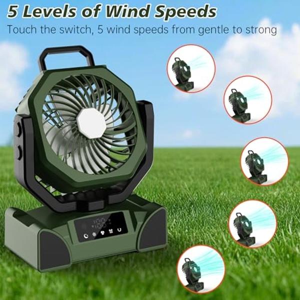 TOPPORTED 20000mAh Portable Camping Fan Rechargeable,Max 68 Hrs Runtime Battery Operated Tent Fans with LED Lantern,5 Wind Speeds,4 Timer Modes,Desk Fan for Travel,Power Outages (G