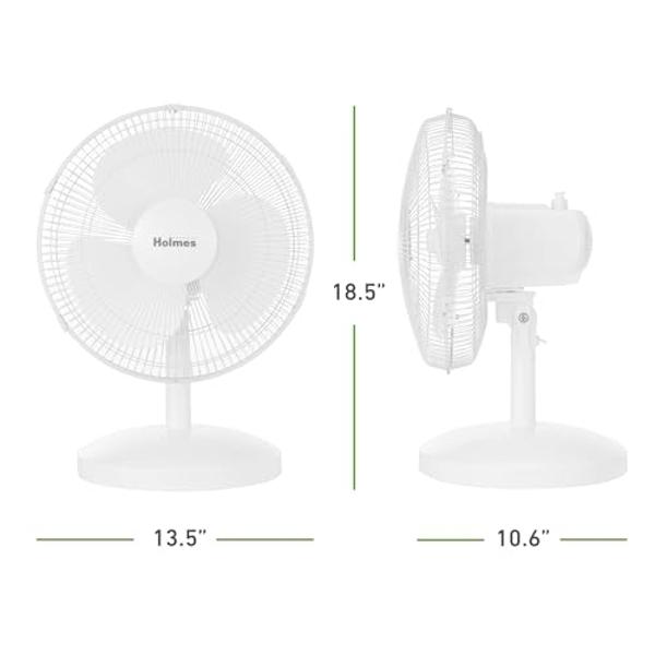 HOLMES 12" Table Fan, 75° Oscillation, 3 Speeds, 15° Adjustable Head Tilt, Ideal for Home, Bedroom or Office, White