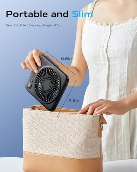 Otlonpe Small Desk Fan 6.5 Inch, 4000mAh Rechargeable Portable Fan for Travel, Slim Quiet, 7.5-22H Battery Operated, Power Bank, 4-Speed, 180° Folding, Personal Cooling for Indoor 