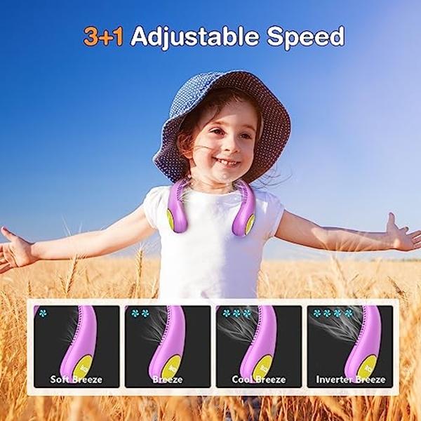 Kids Neck Fan, Portable Bladeless Fans for Kid 4-14Y Girls & Boys, 2600mAh USB Personal Mini Cooling Fan for Travel/Camping/Study, 4 Speeds, Lightweight, Compact, Perfect Summer Gi