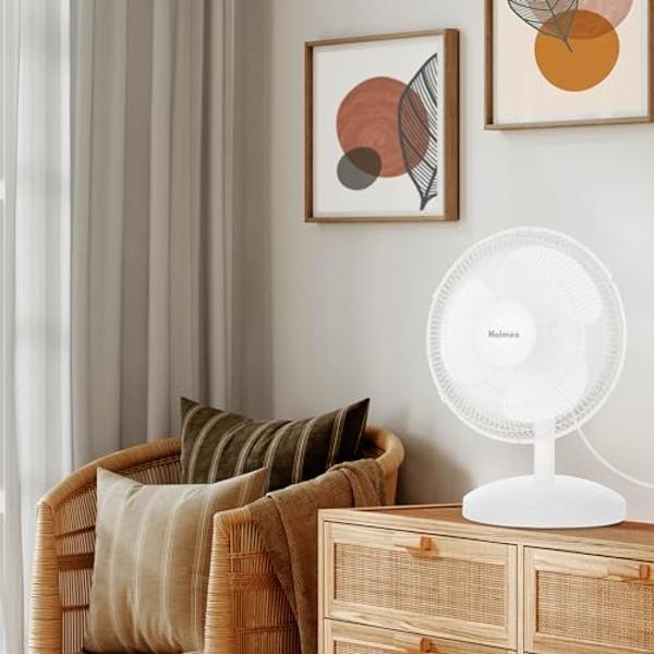 HOLMES 12" Table Fan, 75° Oscillation, 3 Speeds, 15° Adjustable Head Tilt, Ideal for Home, Bedroom or Office, White