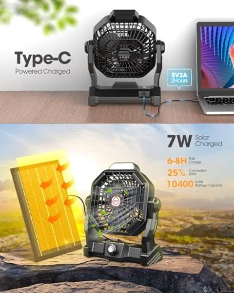 10400mAh Solar Fan, Camping Fan with Solar Panel, 7W 9-Inch Rechargeable Battery Operated Fans for Outside, LED Lantern, Stepless Speed and Quiet Battery Powered Solar Tent Fans fo