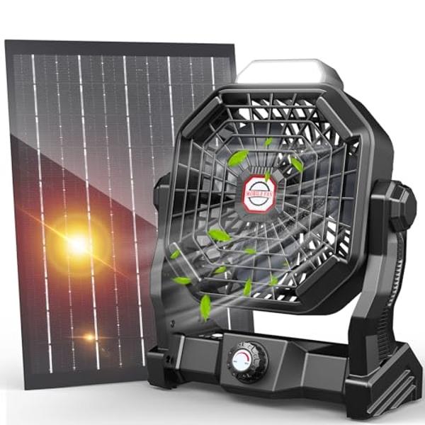 10400mAh Solar Fan, Camping Fan with Solar Panel, 7W 9-Inch Rechargeable Battery Operated Fans for Outside, LED Lantern, Stepless Speed and Quiet Battery Powered Solar Tent Fans fo