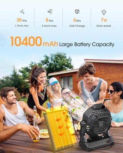 10400mAh Solar Fan, Camping Fan with Solar Panel, 7W 9-Inch Rechargeable Battery Operated Fans for Outside, LED Lantern, Stepless Speed and Quiet Battery Powered Solar Tent Fans fo