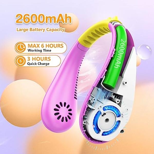 Kids Neck Fan, Portable Bladeless Fans for Kid 4-14Y Girls & Boys, 2600mAh USB Personal Mini Cooling Fan for Travel/Camping/Study, 4 Speeds, Lightweight, Compact, Perfect Summer Gi