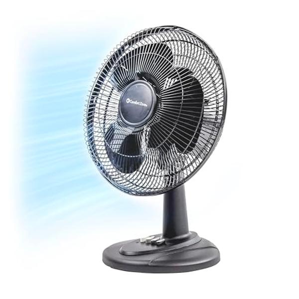 Comfort Zone Oscillating Table Fan with Adjustable Tilt, Convenient Push Button Controls, Quiet, 12 inch, 3 Speed, Desk Fan, Airflow 7.25 ft/sec, Ideal for Home, Bedroom, Dorm & Of