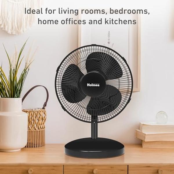 HOLMES 12" Table Fan, 75° Oscillation, 3 Speeds, 15° Adjustable Head Tilt, Ideal for Home, Bedroom or Office, Black