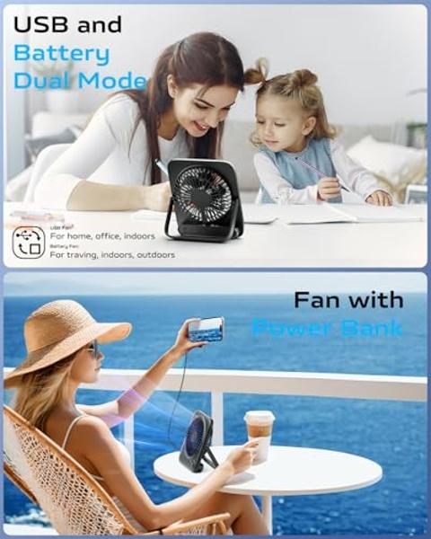 Otlonpe Small Desk Fan 6.5 Inch, 4000mAh Rechargeable Portable Fan for Travel, Slim Quiet, 7.5-22H Battery Operated, Power Bank, 4-Speed, 180° Folding, Personal Cooling for Indoor 