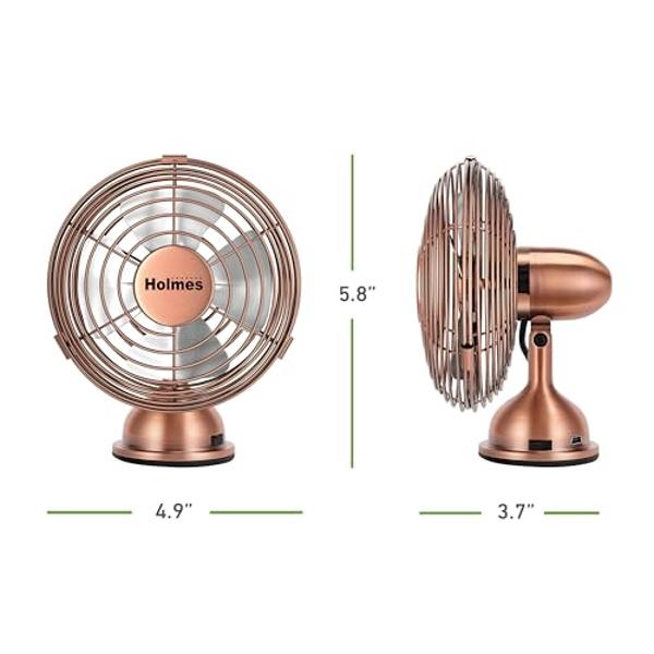 HOLMES 4" Mini Heritage Desk Fan, USB-Powered, Single Speed, 4 Blades, Adjustable 100° Head Tilt, Metal Construction, Ideal for Home, Dorm Rooms, Bedrooms, Office or Travel, Vintag