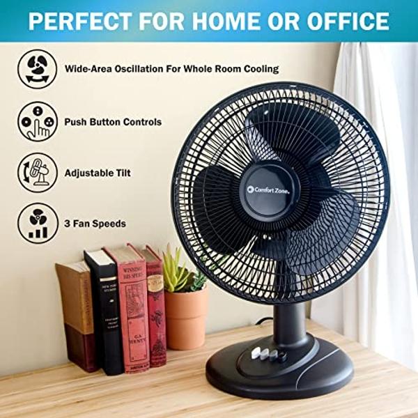 Comfort Zone Oscillating Table Fan with Adjustable Tilt, Convenient Push Button Controls, Quiet, 12 inch, 3 Speed, Desk Fan, Airflow 7.25 ft/sec, Ideal for Home, Bedroom, Dorm & Of