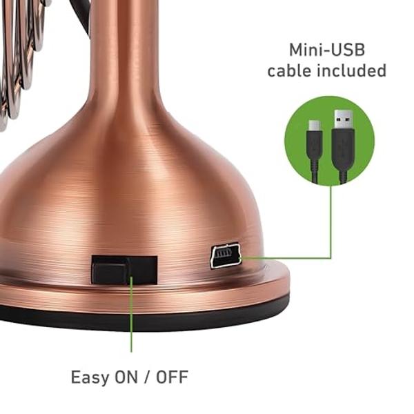 HOLMES 4" Mini Heritage Desk Fan, USB-Powered, Single Speed, 4 Blades, Adjustable 100° Head Tilt, Metal Construction, Ideal for Home, Dorm Rooms, Bedrooms, Office or Travel, Vintag